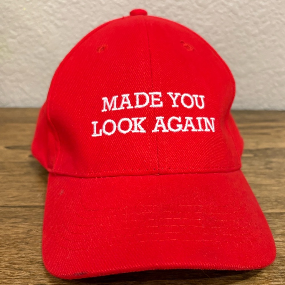 Red Embroidered 'Made You Look Again' Baseball Cap